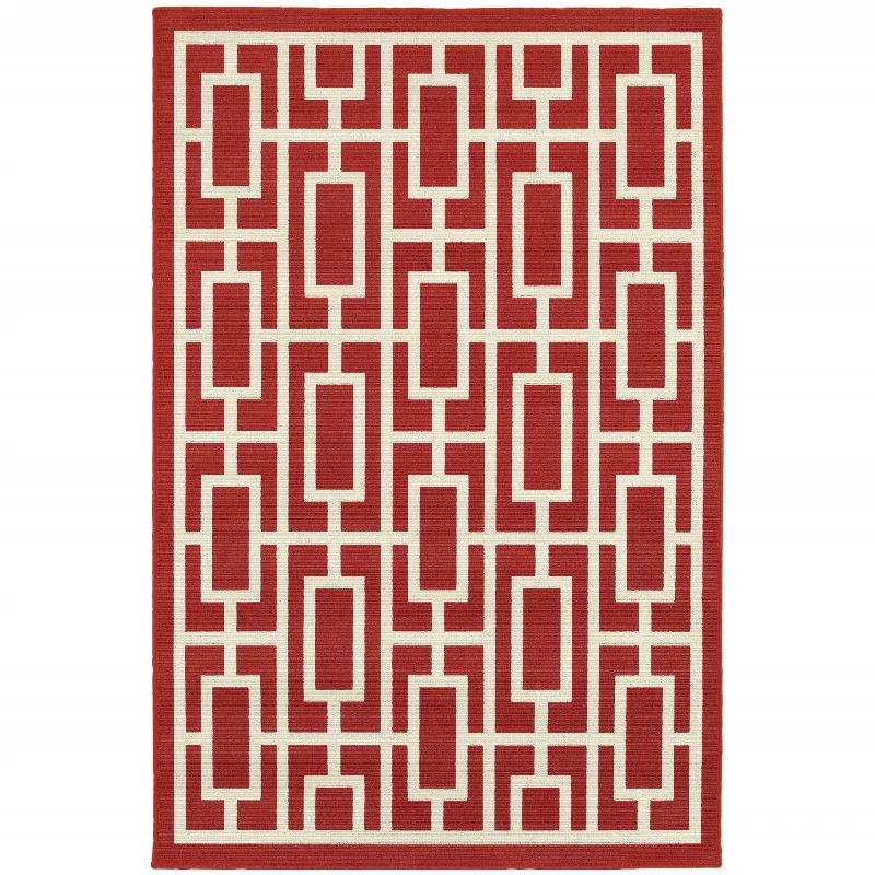 Carpet for indoor camping-2' X 3' Geometric Stain Resistant Indoor & Outdoor Area Rug - Red / Ivory