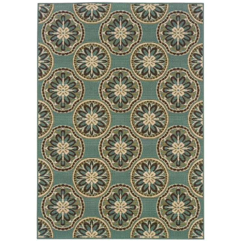 Carpet for yurt rug-2' X 4' Floral Stain Resistant Indoor / Outdoor Area Rug - Blue / Ivory