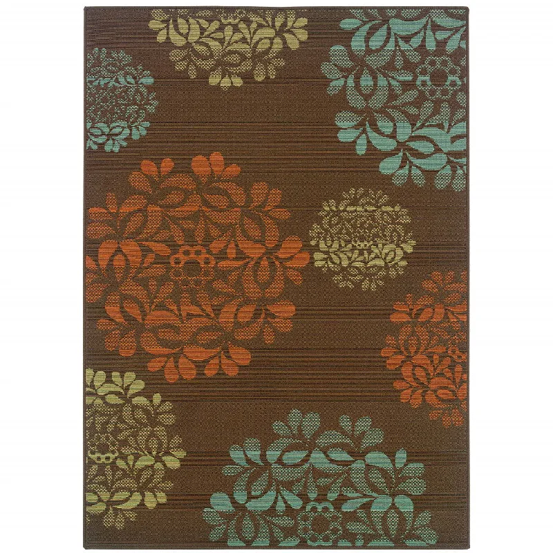 Carpet for outdoor kitchen-2' X 4' Floral Stain Resistant Indoor / Outdoor Area Rug - Brown