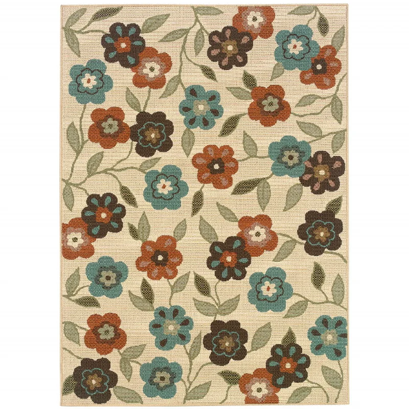 Carpet for durable rug-2' X 4' Floral Stain Resistant Outdoor & Indoor Area Rug - Brown / Ivory