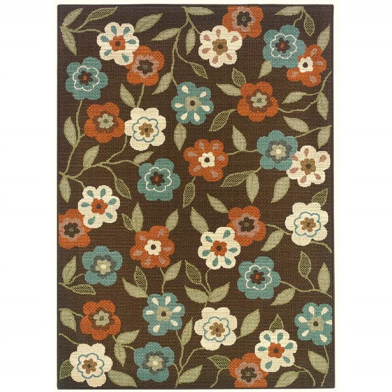 Carpet for silk rug-2' X 4' Floral Stain Resistant Outdoor / Indoor Area Rug - Brown / Ivory