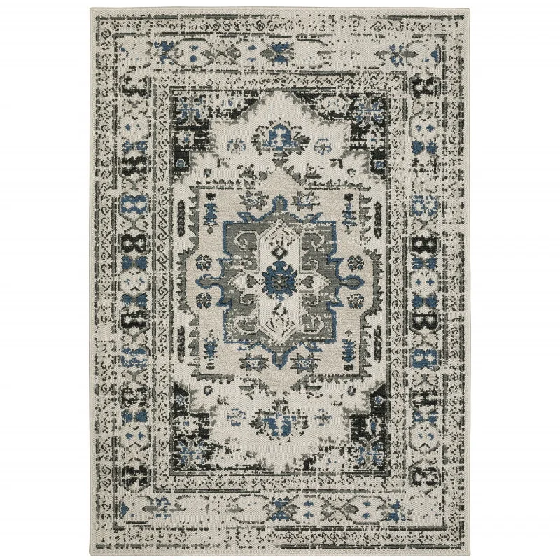 Carpet for sale-2' X 4' Oriental Stain Resistant Outdoor / Indoor Area Rug - Blue / Beige