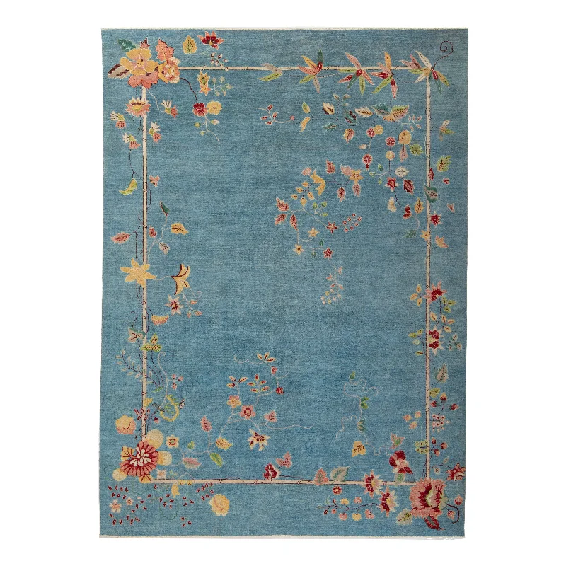 Carpet for bedroom rug-Blue Traditional Art Deco Rug - 9' x 12'1"