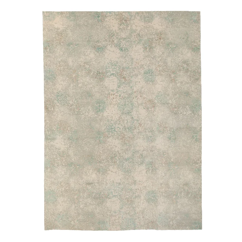 Carpet for interior rug-Teal & Cream Contemporary Tibetan Wool Silk Blend Rug - 13' x 18'