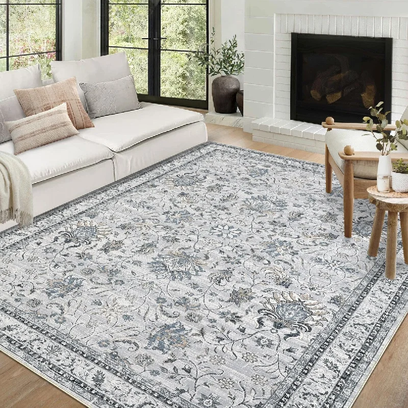 Carpet solid color-Washable Area Rug Vintage Floral Rug Non Slip Throw Rugs