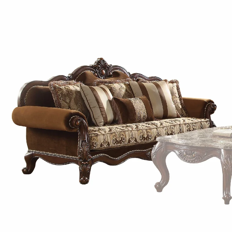 Pillow for road travel-37" Oak Velvet Floral Sofa And Toss Pillows With Espresso Legs