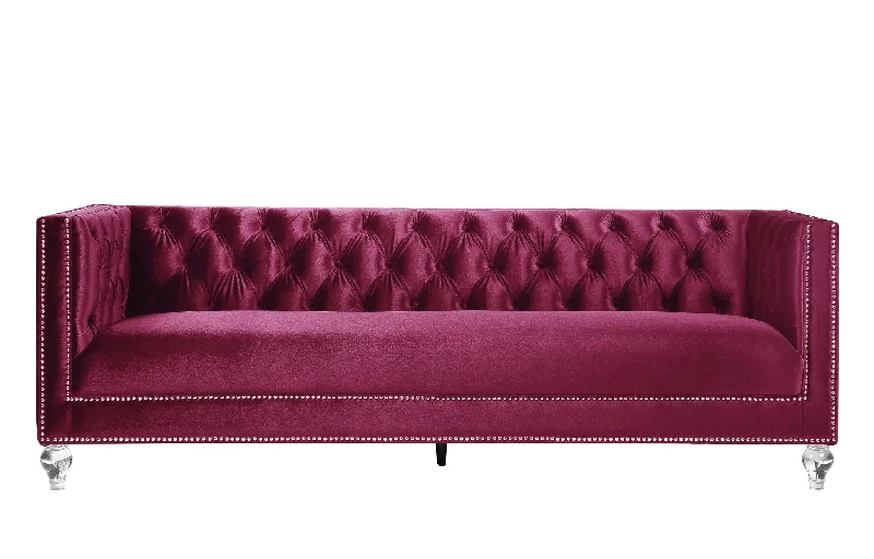 Pillow with satin fabric-89" Burgundy Velvet Sofa And Toss Pillows With Black Legs