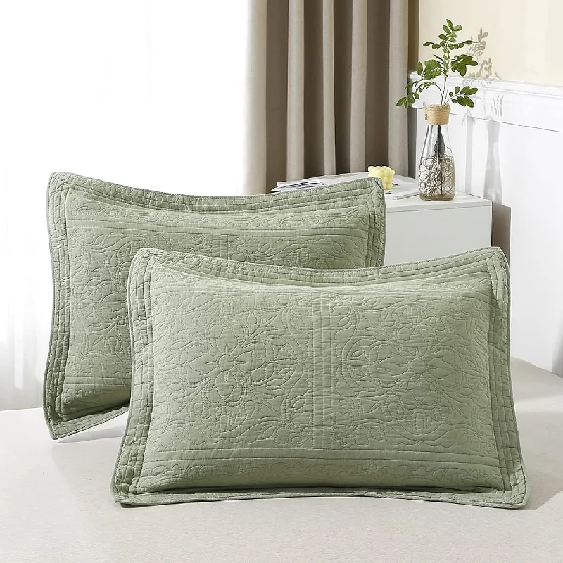 Pillow with firm core-100 Cotton Quilted Pillow Sham Floral Printed Pillow Cover Sage Green, Standar