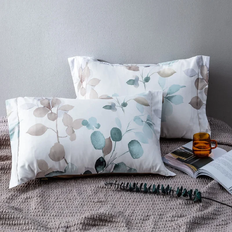 Pillow with bamboo cover-100% Egyptian Cotton Pillow Shams -Gradient Teal Leaves Pattern Envelope Pillo