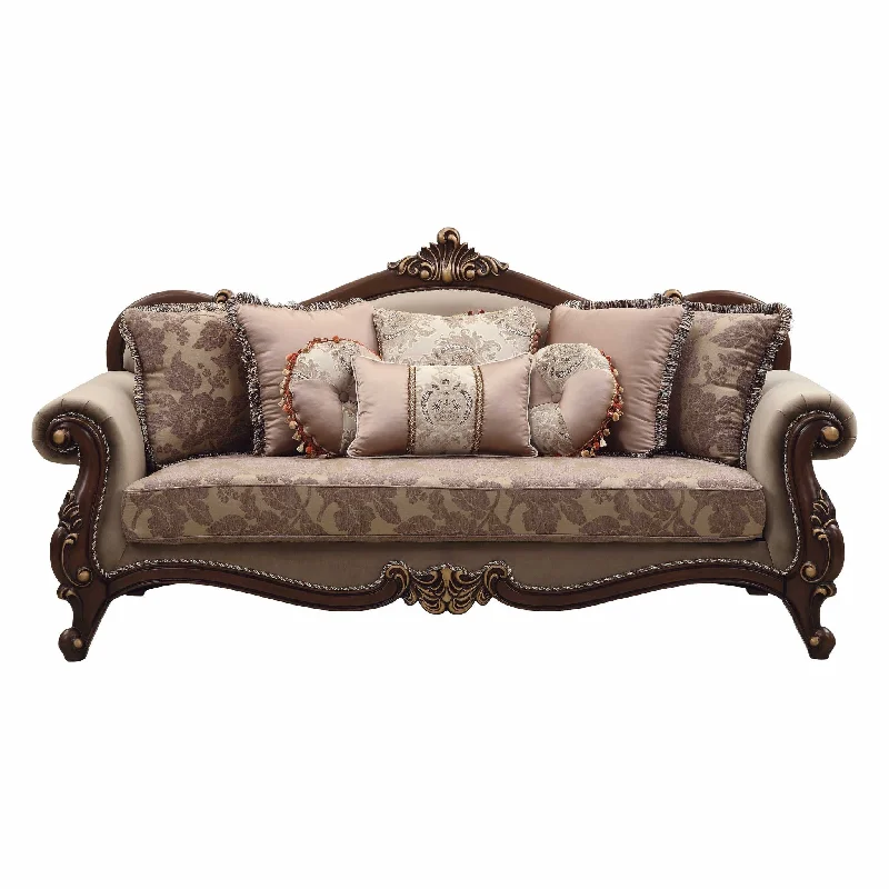 Pillow with memory foam design-88" Beige Velvet Floral Sofa And Toss Pillows With Brown Legs