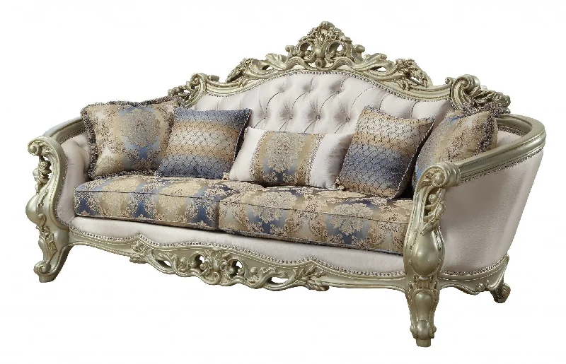 Pillow with anti-allergen design-40" Antiqued White Velvet Curved Floral Sofa And Toss Pillows With Champagne Legs