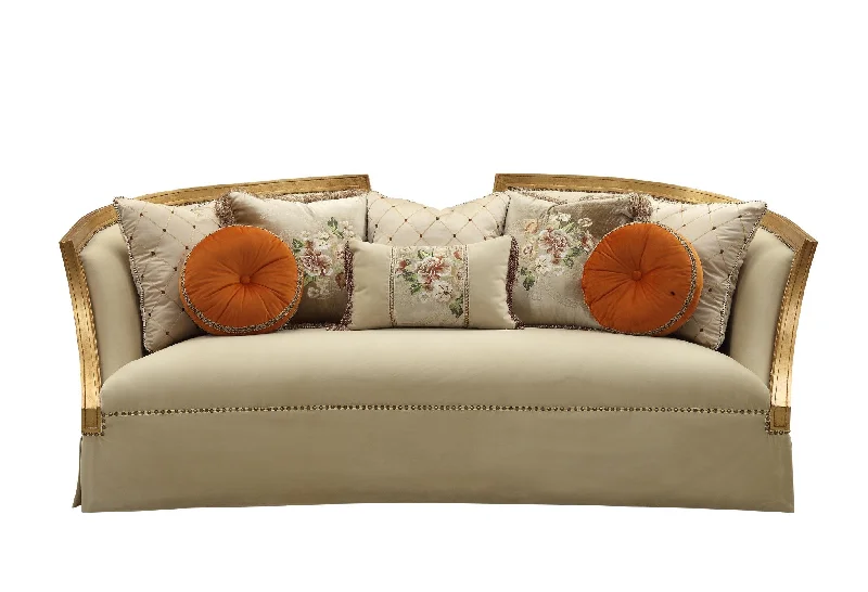 Pillow with solid design-41" Beige Velvet Curved Sofa And Toss Pillows With Natural Legs