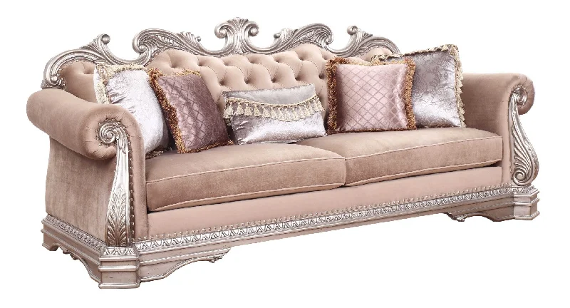 Pillow for older children-42" Rosegold Velvet Sofa And Toss Pillows With Silver Legs