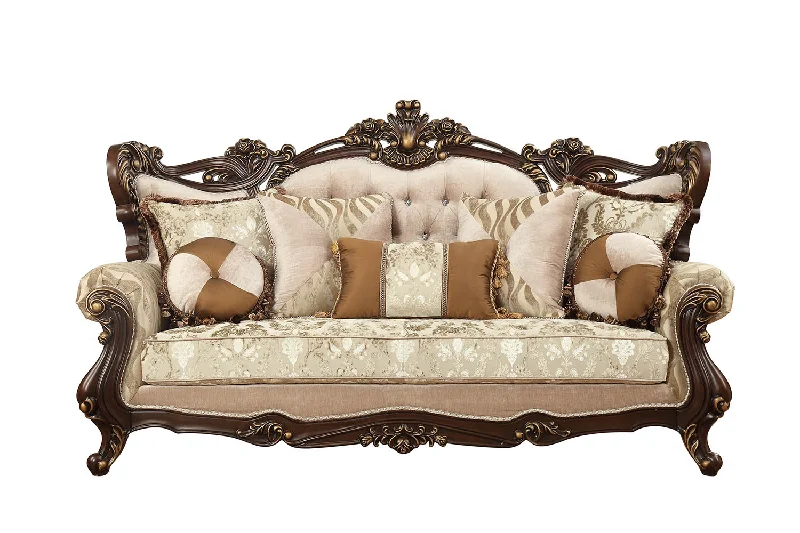 Pillow for warm climates-42" Beige Polyester Blend Curved Damask Sofa And Toss Pillows With Brown Legs