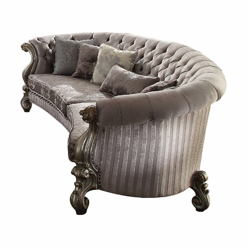 Pillow with plush core-55" Gray Velvet Curved Floral Sofa And Toss Pillows With Champagne Legs