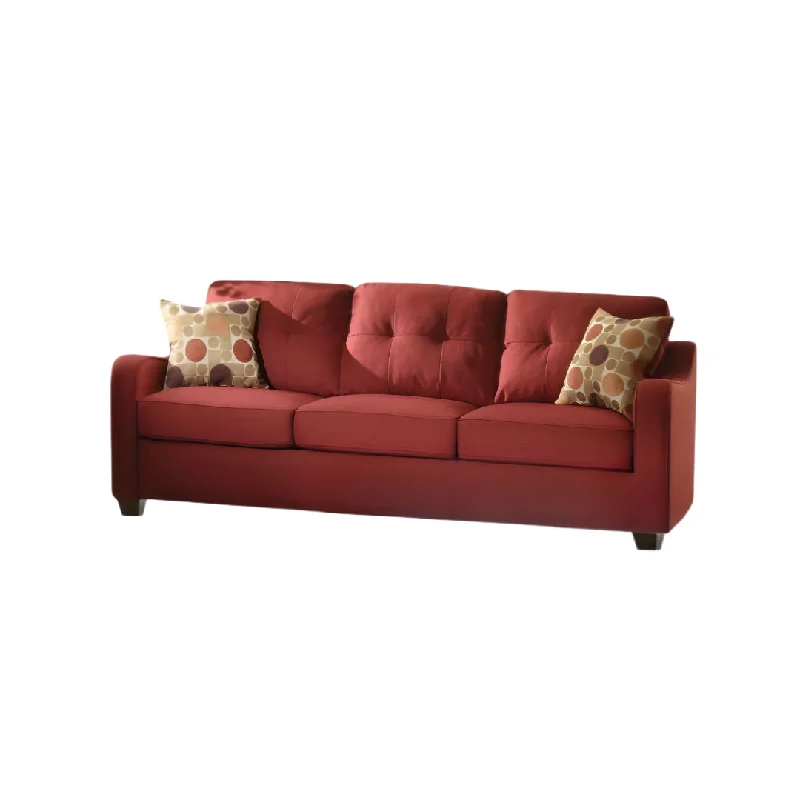 Pillow for narrow mattresses-84" Red Linen Sofa And Toss Pillows With Chocolate Legs