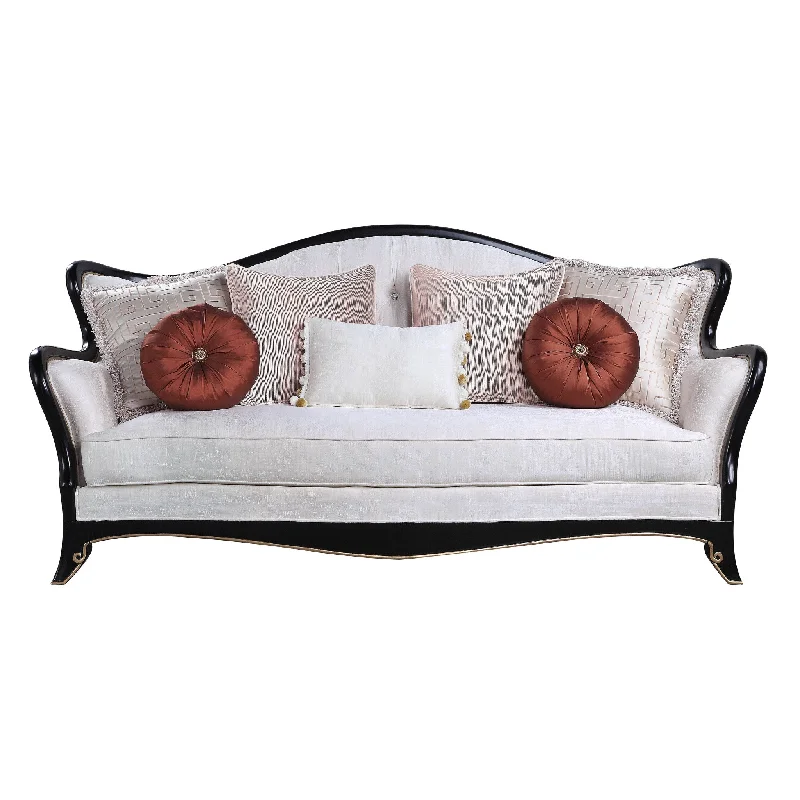 Pillow with cooling core-86" Beige Sofa And Toss Pillows With Black Legs