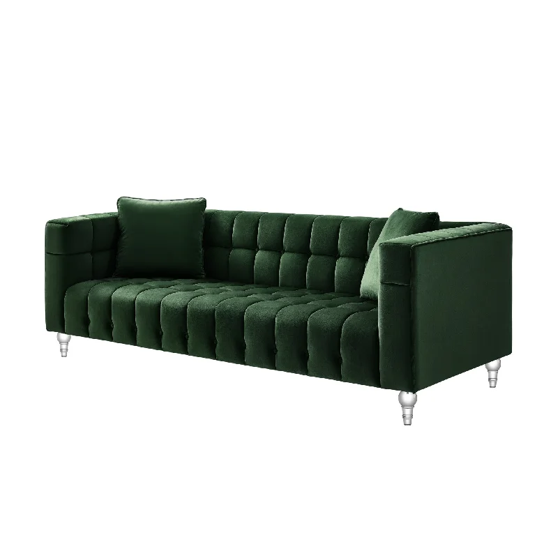 Pillow for teen relaxation-88" Hunter Green Velvet Sofa And Toss Pillows With Clear Legs