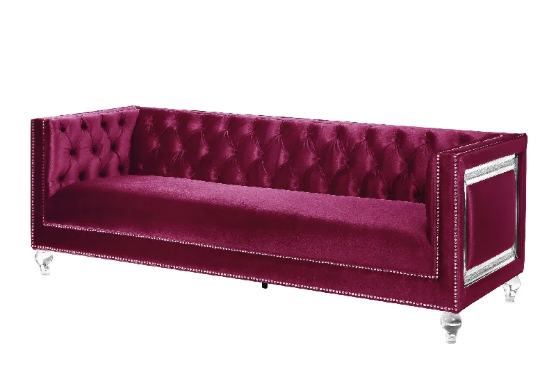 Pillow for bedroom relaxation-89" Burgundy Velvet Sofa And Toss Pillows With Clear Legs