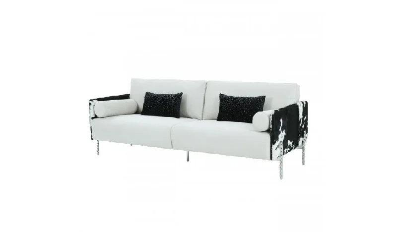 Pillow with foam finish-89" White Sofa And Toss Pillows With Silver Legs