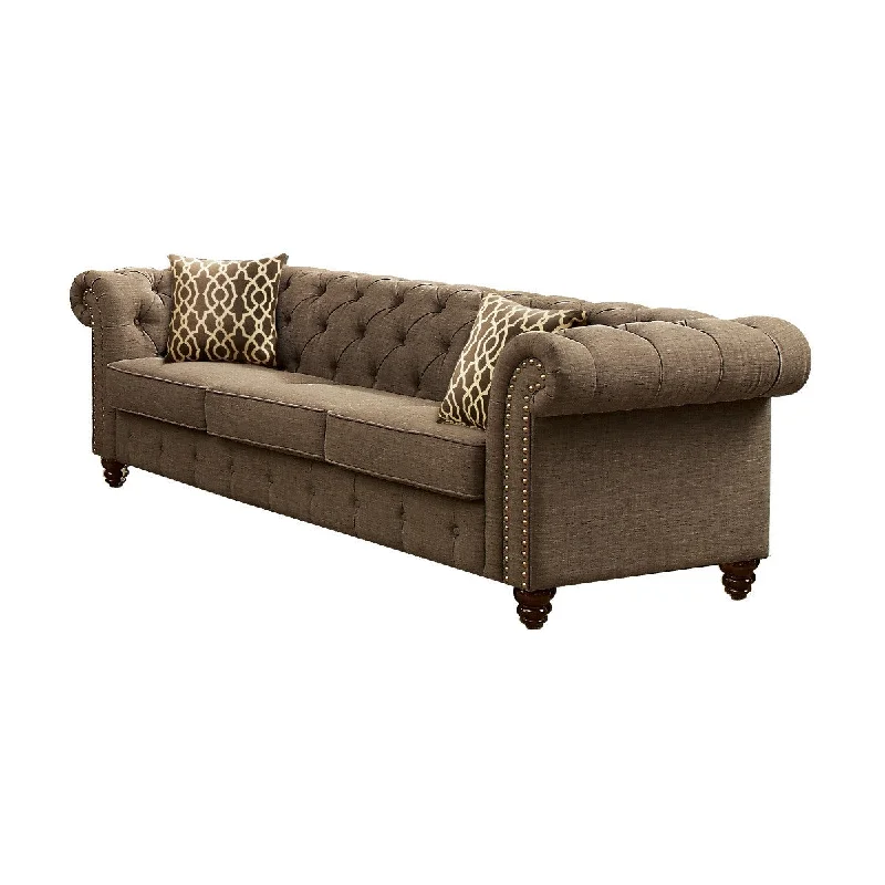 Pillow for nightly comfort-90" Brown Linen Chesterfield Sofa And Toss Pillows