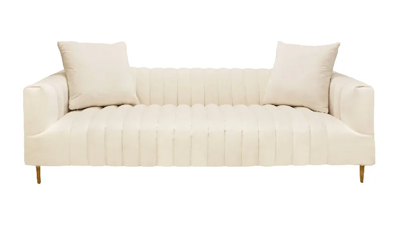 Pillow with cozy texture-90" Ivory Velvet Sofa And Toss Pillows With Gold Legs