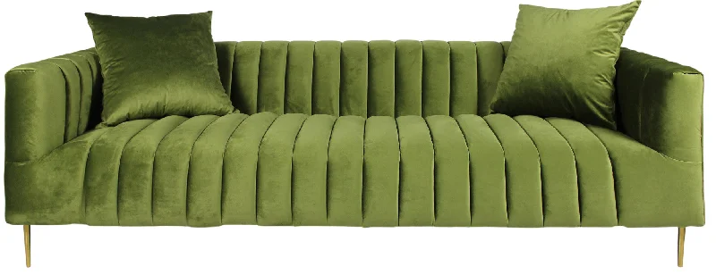 Pillow for nightly sleep-90" Olive Green Velvet Sofa And Toss Pillows With Gold Legs