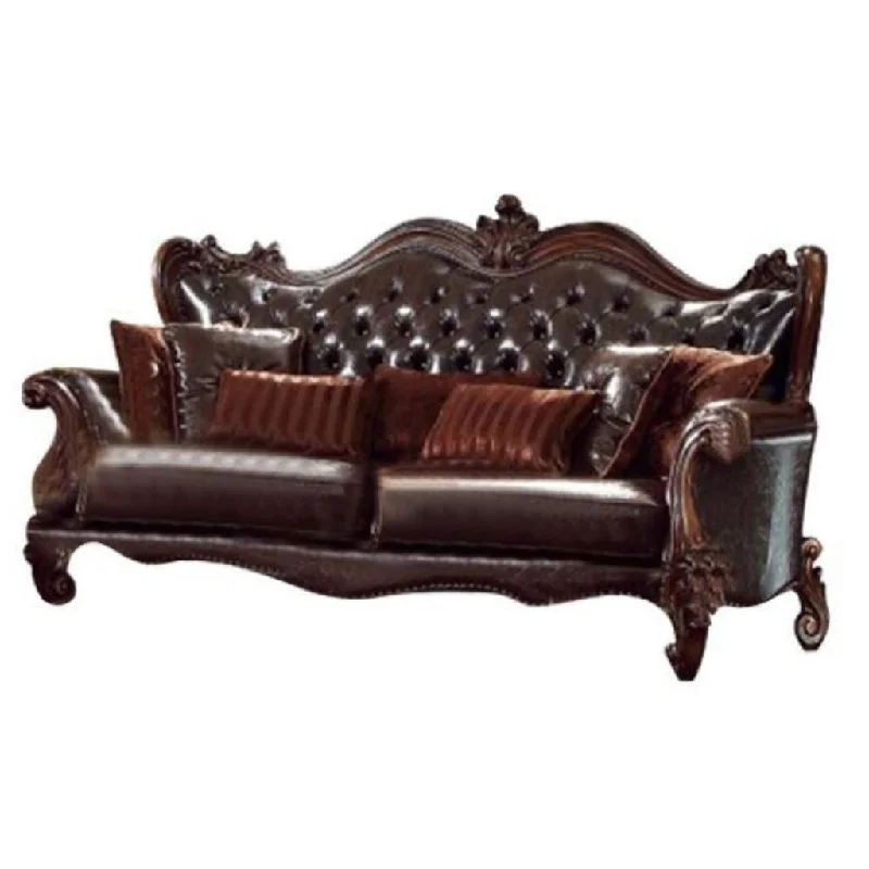 Pillow with linen texture-93" Brown Faux Leather Sofa And Toss Pillows With Burgundy Legs