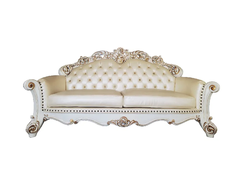 Pillow with anti-allergy texture-96" Champagne Faux Leather Sofa And Toss Pillows With Pearl Legs