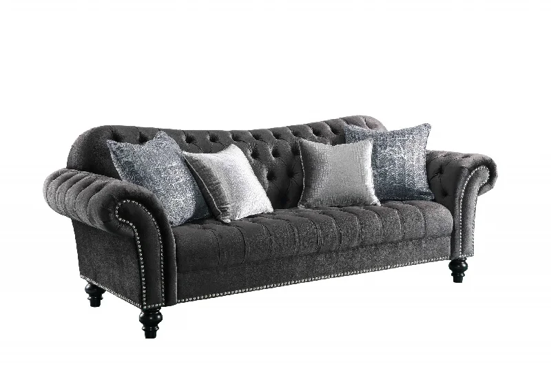 Pillow for neck health-96" Dark Gray Velvet Chesterfield Sofa And Toss Pillows With Black Legs