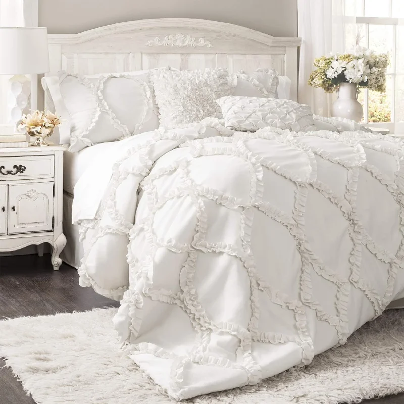 Pillow with silky texture-Avon Comforter Ruffled 3 Piece Set With Pillow Shams-Full Queen-White