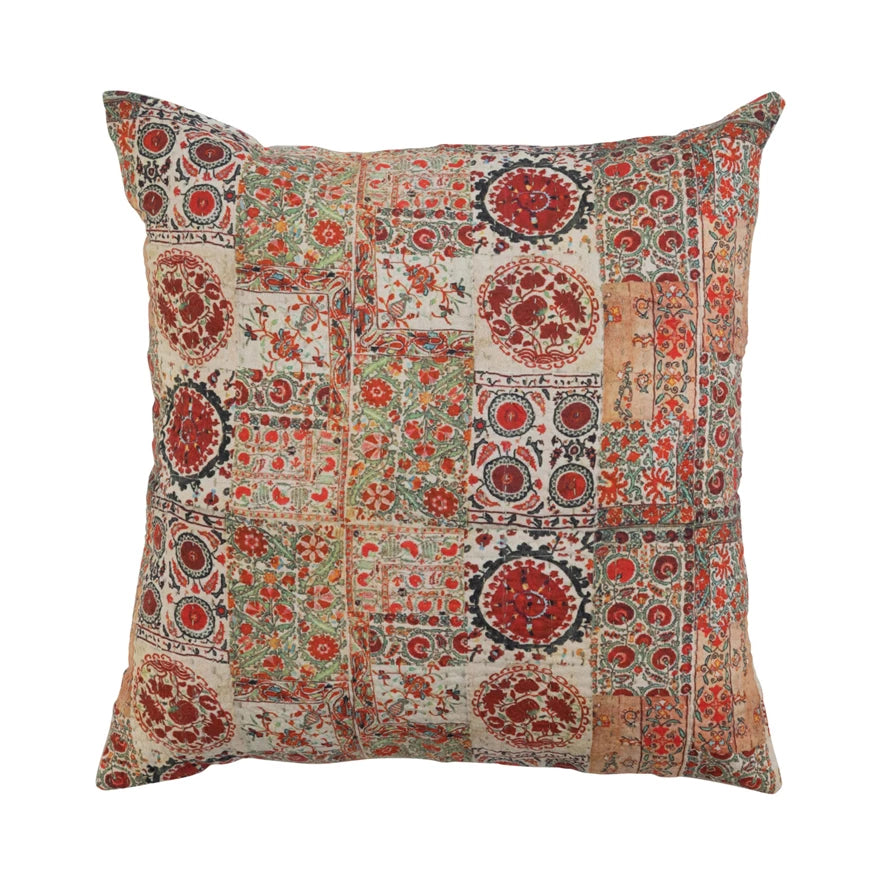 Pillow with solid finish-Bloomingville - Printed Pillow with Kantha Stitching & Chambray Back