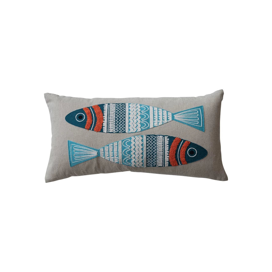 Pillow with smooth texture-Creative Co-op - Chambray Pillow with Appliqued & Embroidered Fish