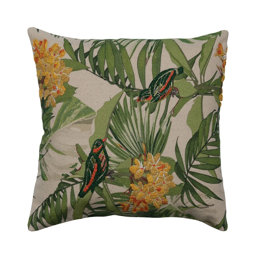 Pillow with medium design-Creative Co-op - Embroidered Birds Pillow