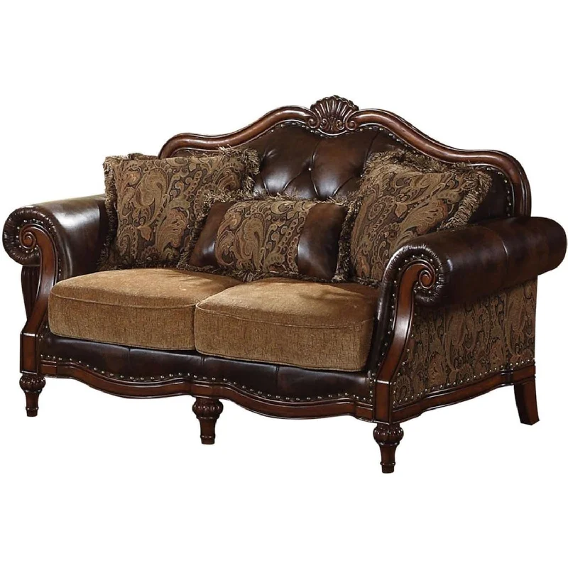 Pillow with foam design-Dreena Rolled Arm Upholstered Loveseat With 3 Pillows In Brown Faux Leather