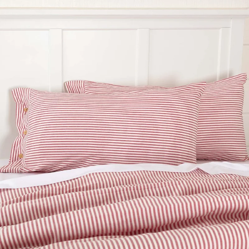 Pillow with anti-allergy design-Farmhouse Ticking Stripe Red King Sham, 21" L X 37" W, Bed Pillow Cover