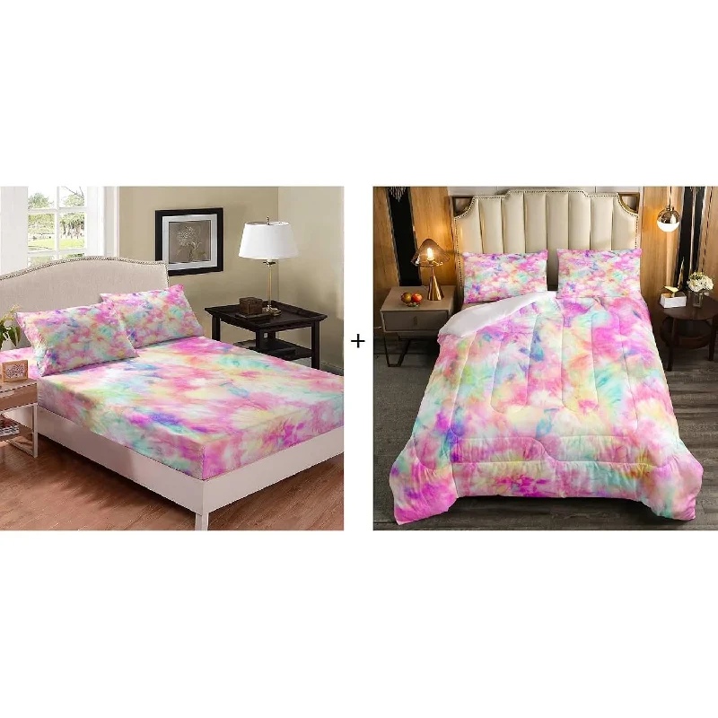 Pillow with hypoallergenic design-Pink Tie Dye Fitted Sheet&Pink Tie Dye Comforter Set, 4 Pcs With 2 Pillow Case