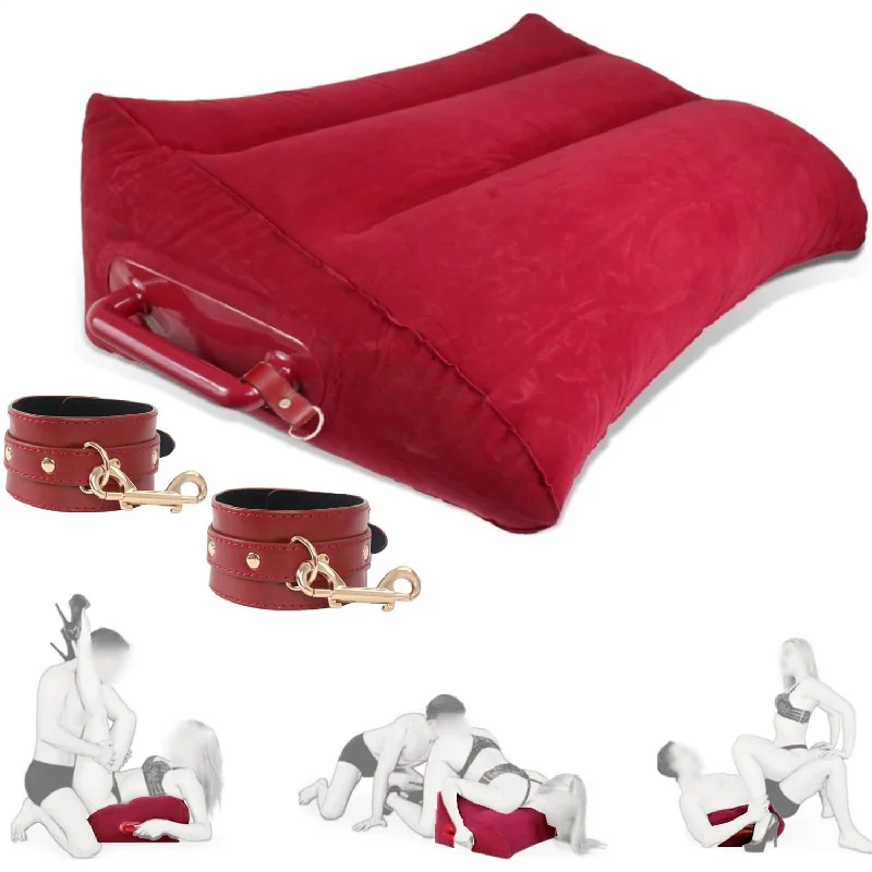 Pillow for regular comfort-Sex Pillow Position Cushion, Sex Furniture Inflatable Pillow With Handle And Leather Handcuffs, Bedroom Erotic Sex Wedge Pillow Wrist Restraints Couples Sex Games Position Support, Red