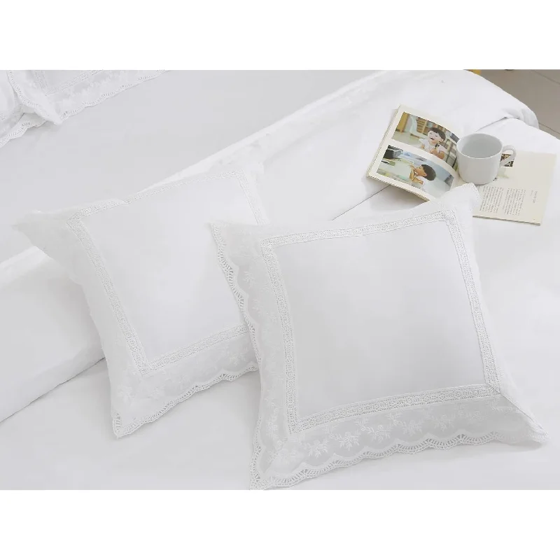 Pillow with cooling technology-White Lace Euro Shams Throw Pillow Covers Cotton Bed French Country Shabby Chi