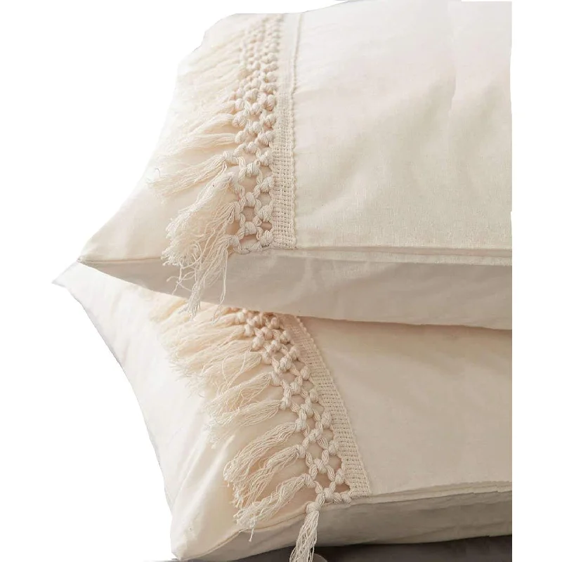 Pillow with detachable cover-White Pillowcases Tassel Sham Cotton Pillow Covers,Set Of 2 (19.7In X35.5In)