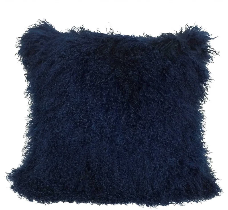 Pillow with breathable finish-20" Navy Blue Genuine Tibetan Lamb Fur Pillow With Microsuede Backing