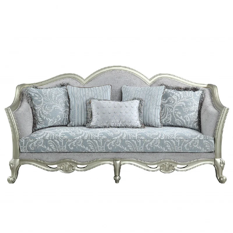 Pillow for queen relaxation-85" Light Gray Linen Damask Sofa And Toss Pillows With Champagne Legs