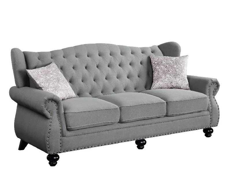 Pillow with solid finish-86" Gray Sofa And Toss Pillows With Black Legs