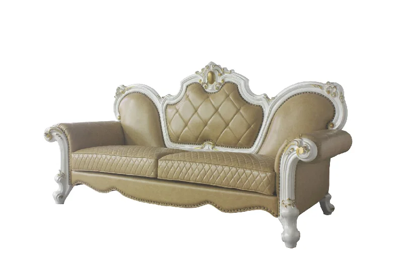 Pillow with cooling finish-93" Golden Brown Faux Leather Sofa And Toss Pillows With Pearl Legs