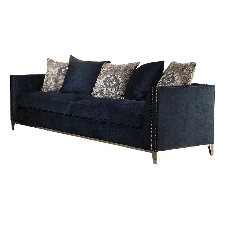 Pillow for guest sleep-95" Blue Velvet Sofa And Toss Pillows With Silver Legs