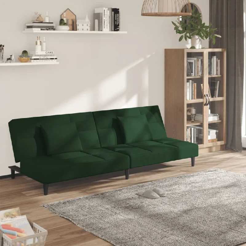 Pillow with light texture-2-Seater Sofa Bed with Two Pillows Dark Green Velvet