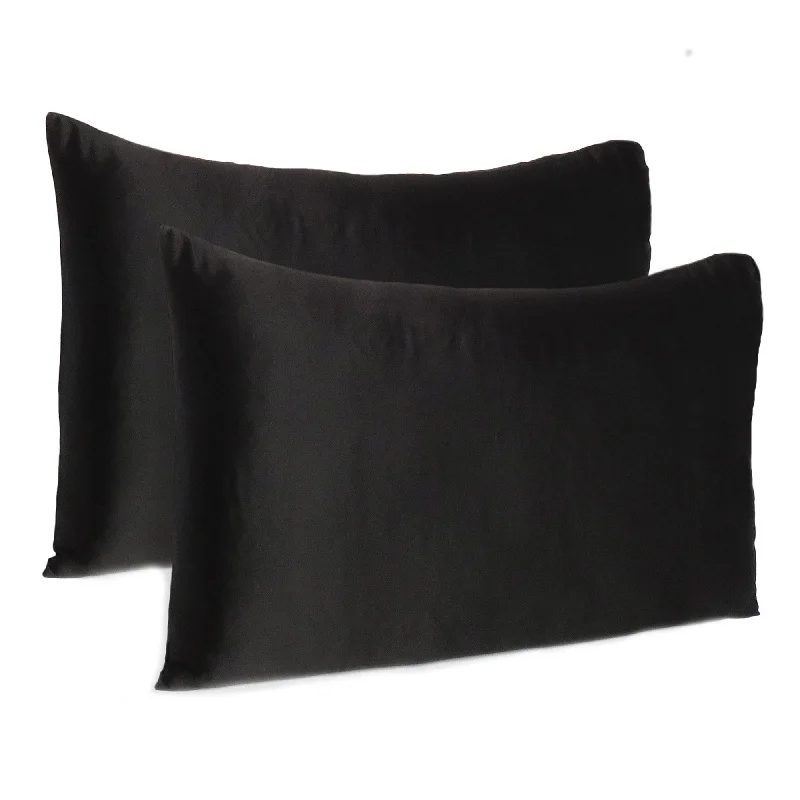 Pillow with medium finish-Black Dreamy Set Of 2 Silky Satin Queen Pillowcases