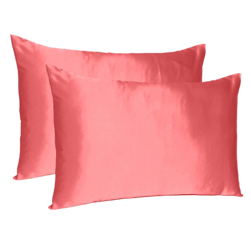 Pillow with breathable design-Coral Dreamy Set Of 2 Silky Satin King Pillowcases