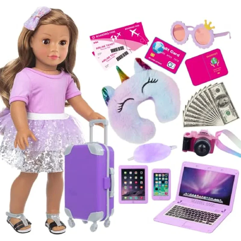 Pillow with anti-allergy texture-Doll Travel Suitcase Play Set With 18 Inch Doll Clothes And Accessories Including Sunglasses Camera Computer Phone Ipad Travel Pillow Ect