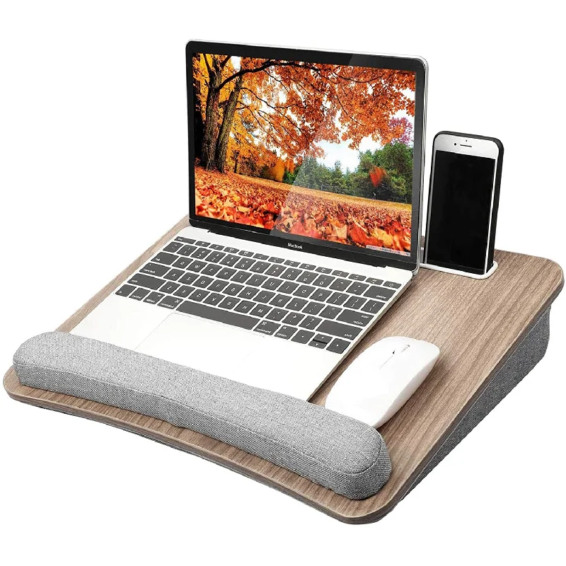 Pillow with light finish-HUANUO Lap Laptop Desk - Portable Lap Desk with Pillow Cushion, Fits up to 15.6 inch Laptop, with Anti-Slip Strip & Storage Function for Home Office Students Use as Computer Laptop Stand, Book Tablet